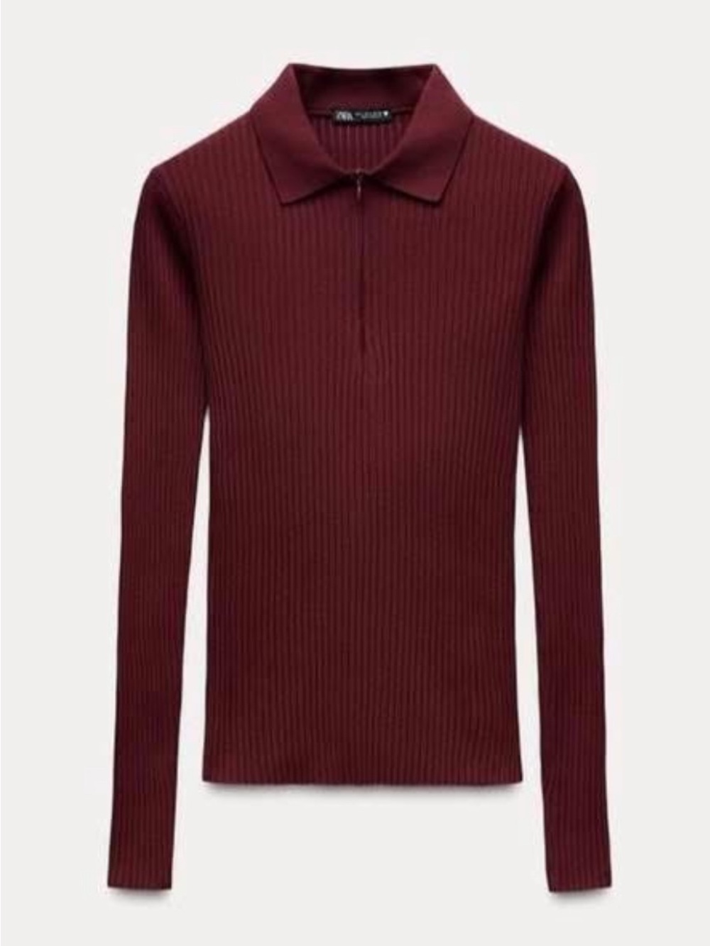 Zara Ribbed Quarter Zip Polo Top Long Sleeve Burgundy Maroon